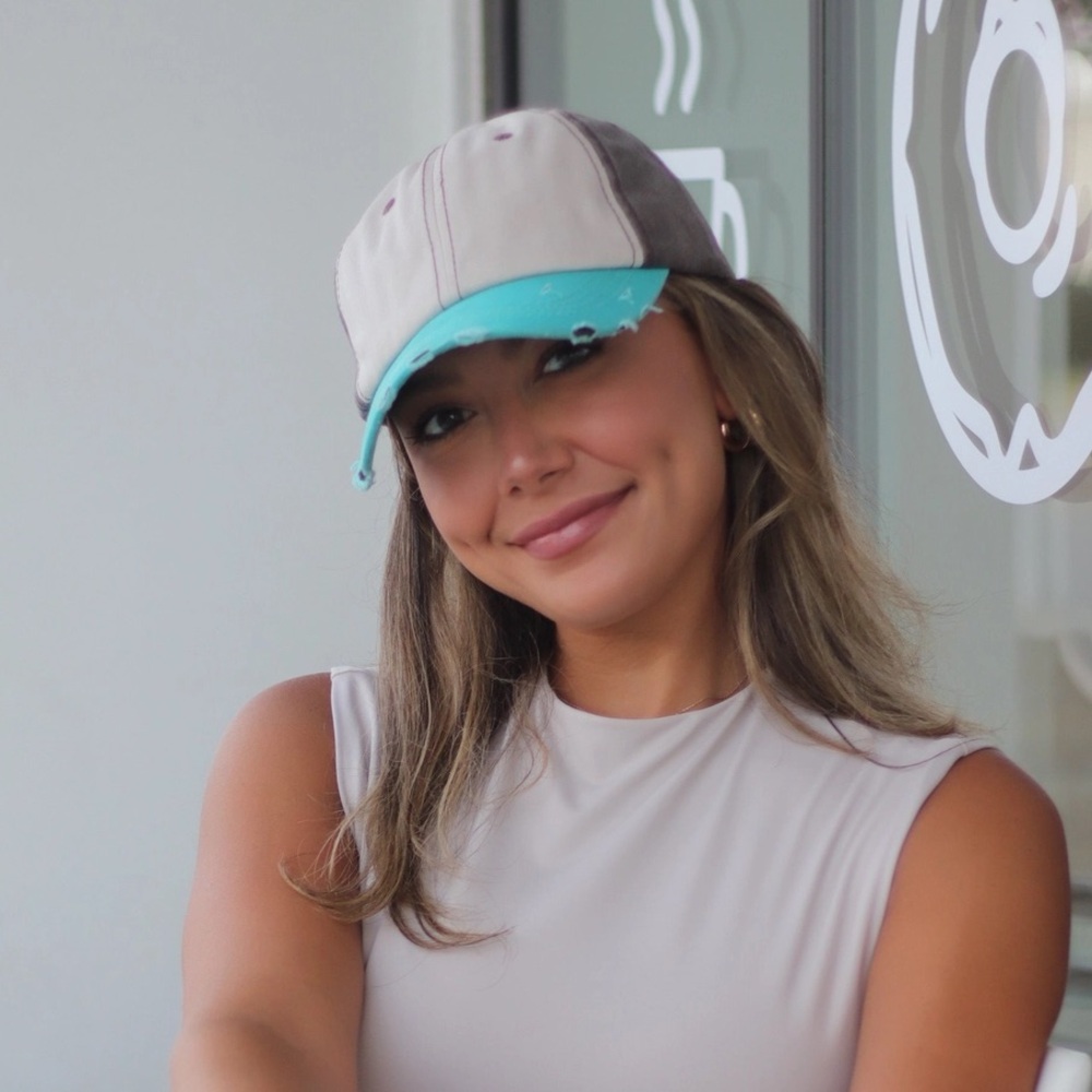 Ladies Beige, Brown and Turquoise Distressed Baseball Cap Hat